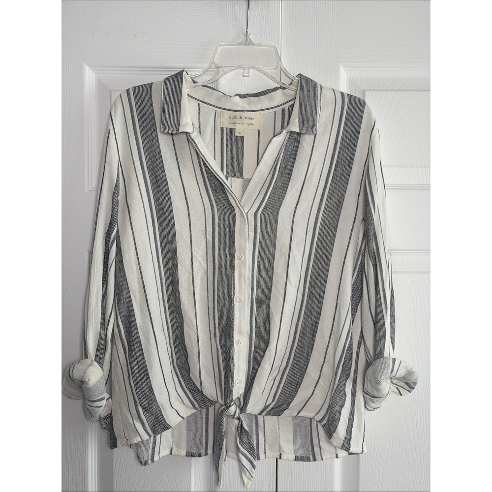 cloth & stone Black and White Striped Button-Front Tie Hem Shirt